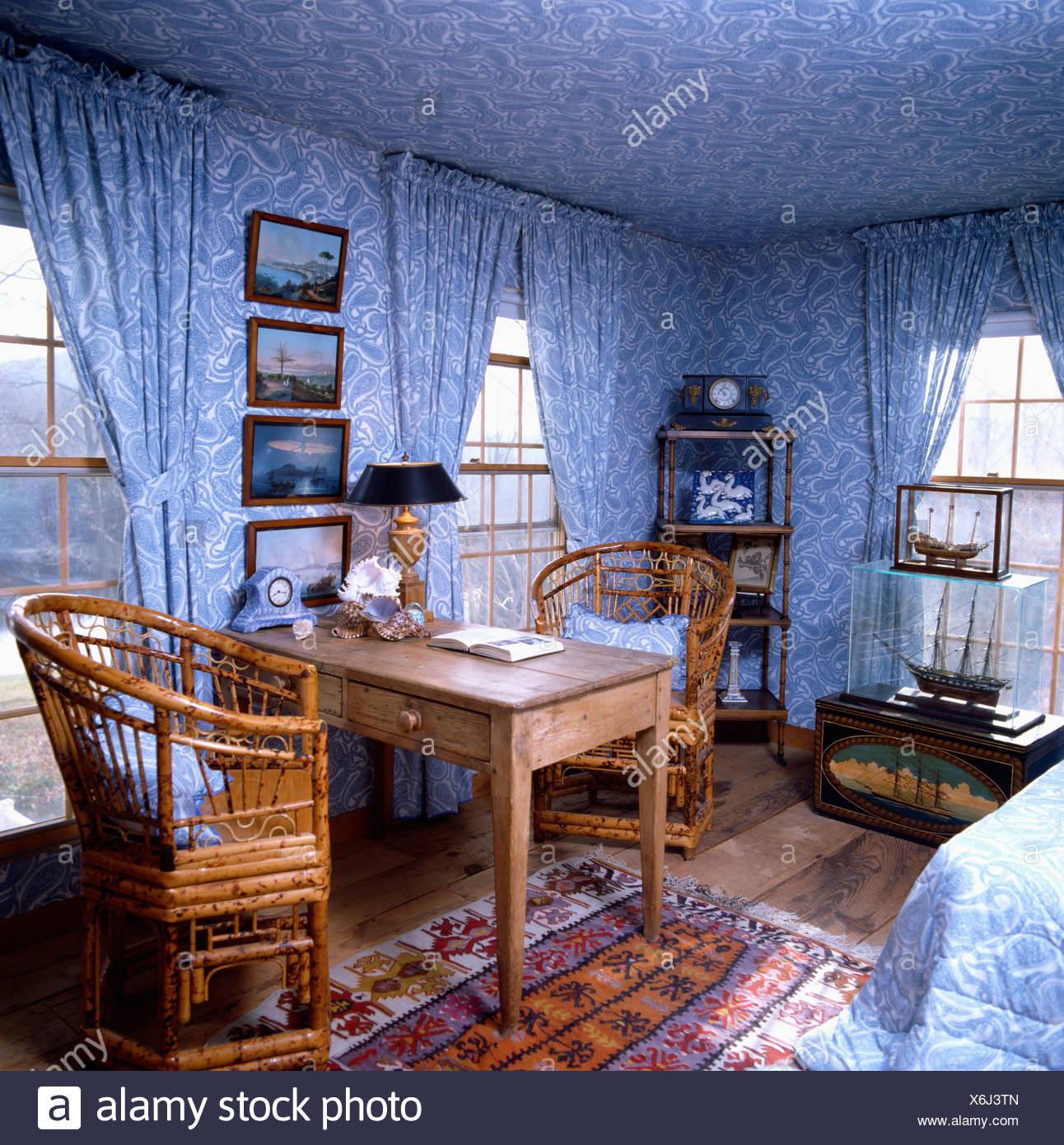 Patterned Blue Wallpaper On Ceiling And Walls With Matching