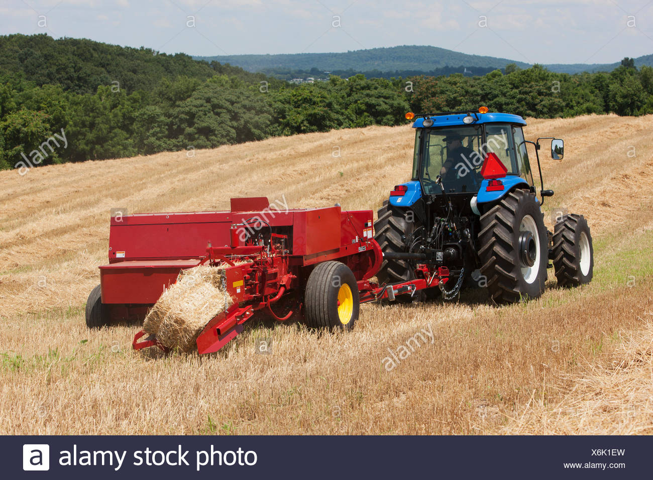 New Holland TD5050 with BC5070 square baler baling wheat straw for bedding; Lititz, Pennsylvania