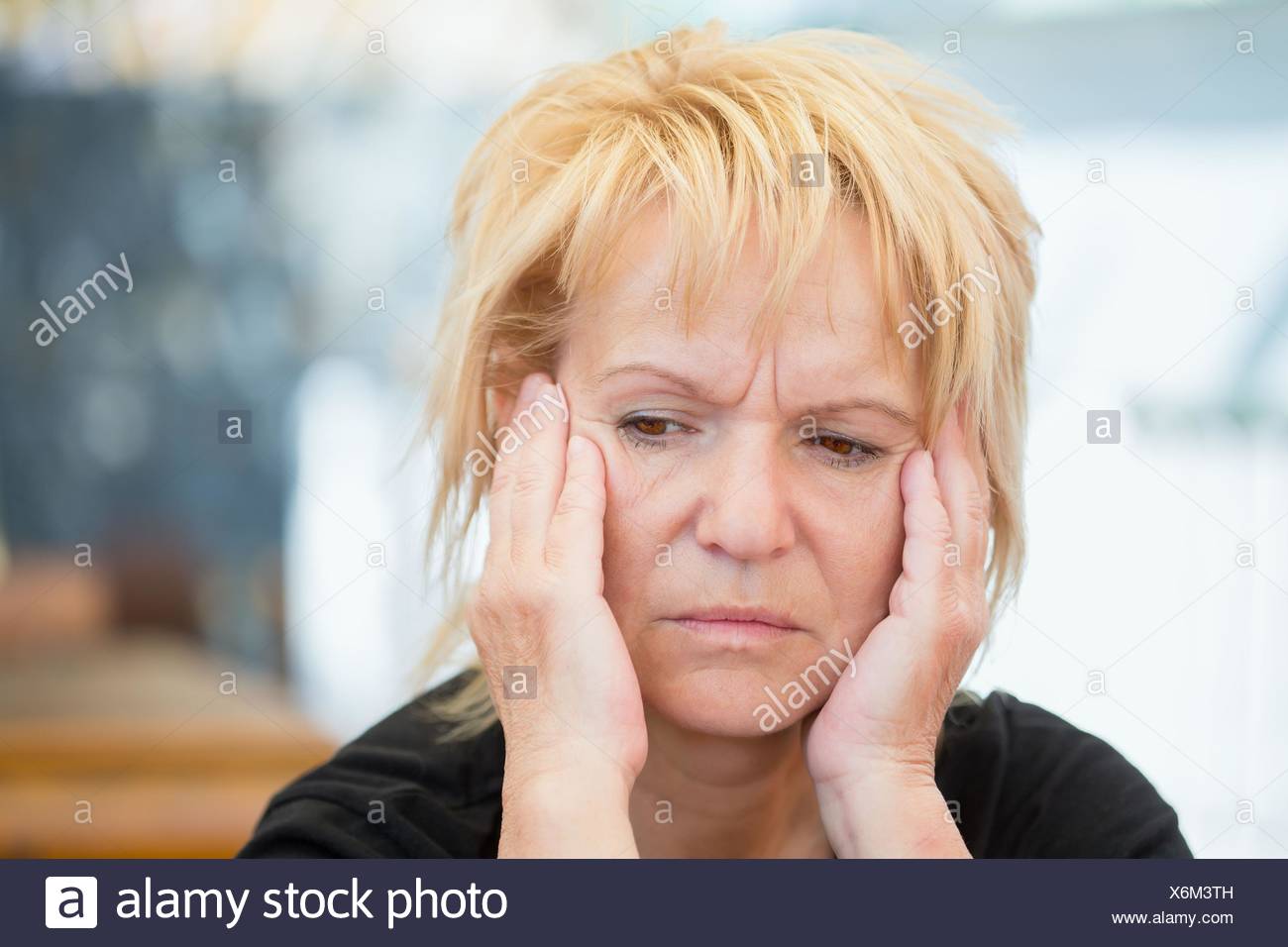 Very Worried Middle Aged Woman Stock Photo 279495905 Alamy