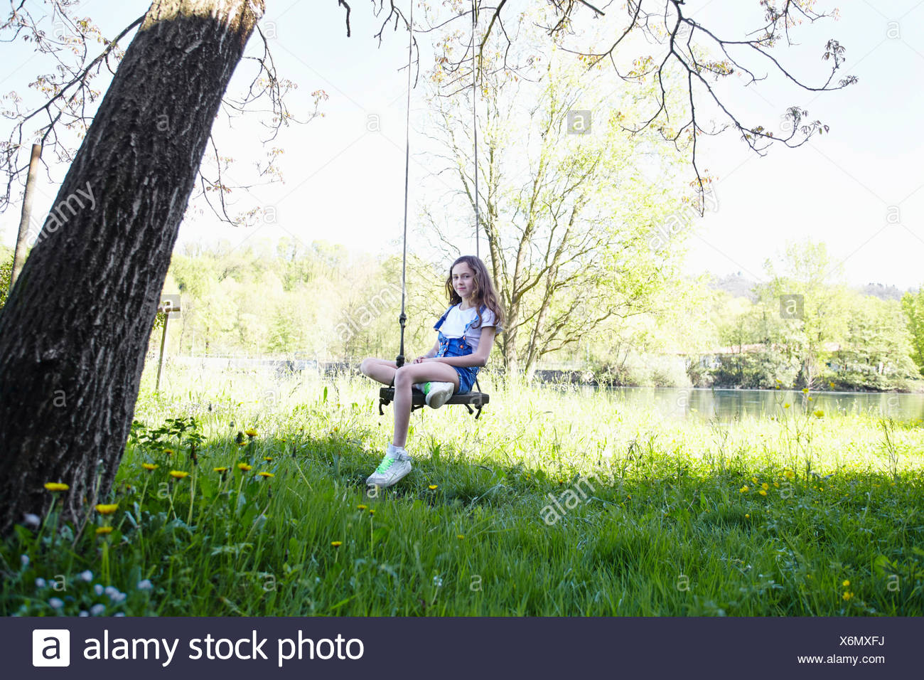 Girl on swing in tree, portrait Stock Photo