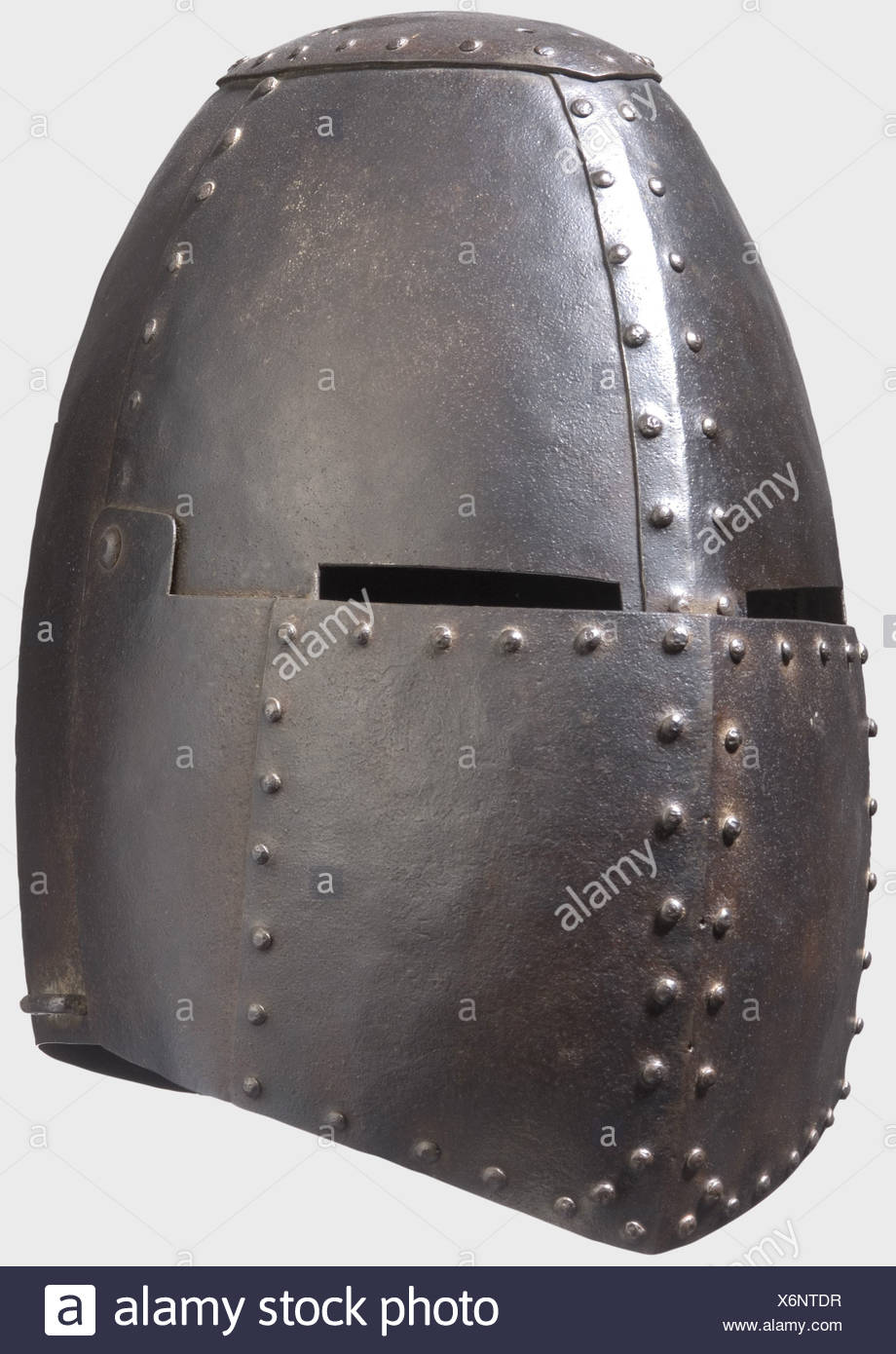 A great helm, Historismus Period in the style of the 1st half of the 14th  century. Helmet made of several pieces of riveted iron plates. Oval crown  piece with four double holes