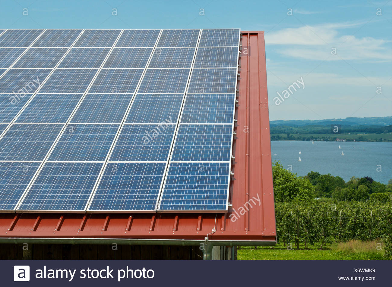 Germany, Constance, Lake Constance, Solar panel on roof of a barn ...