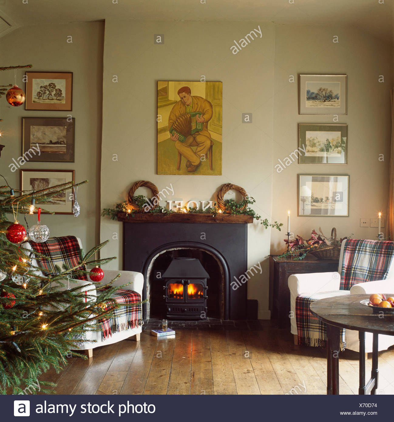 Tartan Rugs On Cream Armchairs On Either Side Of Cast Iron