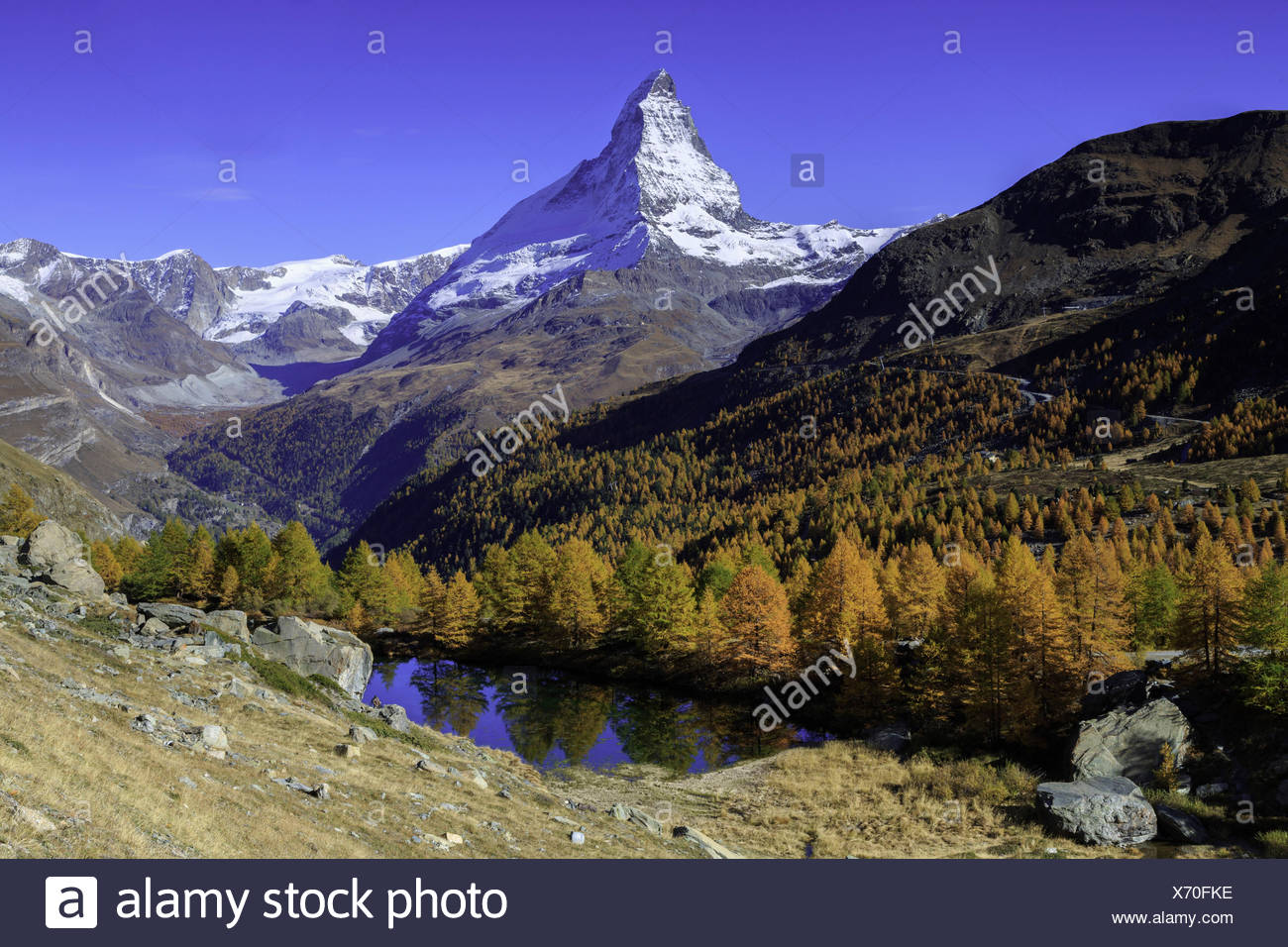 Matterhorn and Grindjisee lake in Autumn, Zermatt, Switzerland, europe Stock Photo