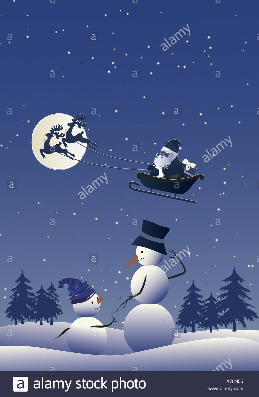 Illustration Santa Claus Reindeer Sleigh Fly Snowmen