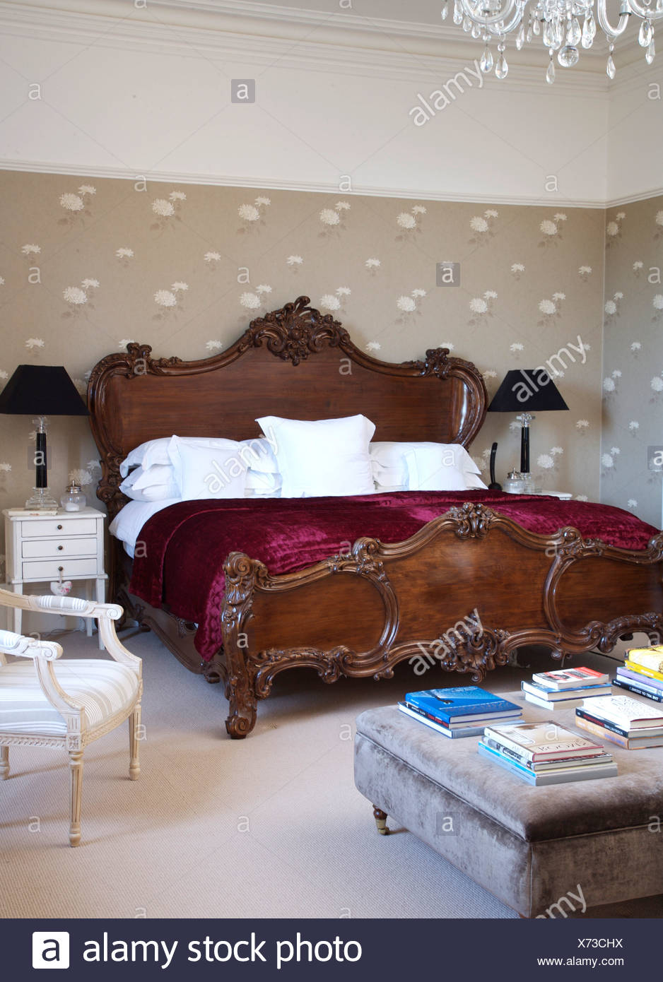 Ornate Mahogany Rococo Style Bed In Country Bedroom With