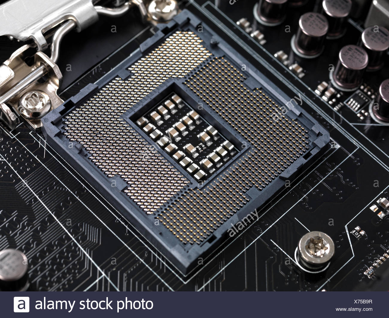Computer motherboard CPU socket contacts Intel LGA 1155 Stock Photo
