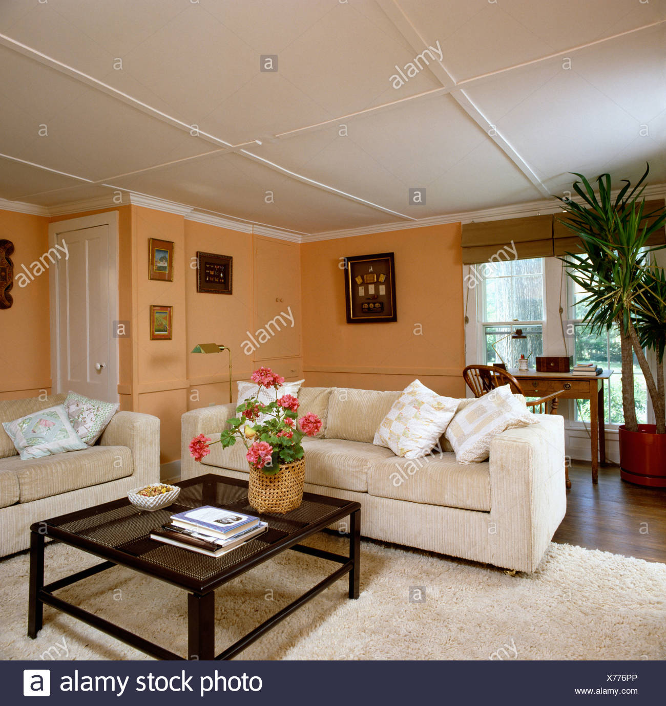 Eighties Sittingroom With Peach Colored Walls And Cream Sofa