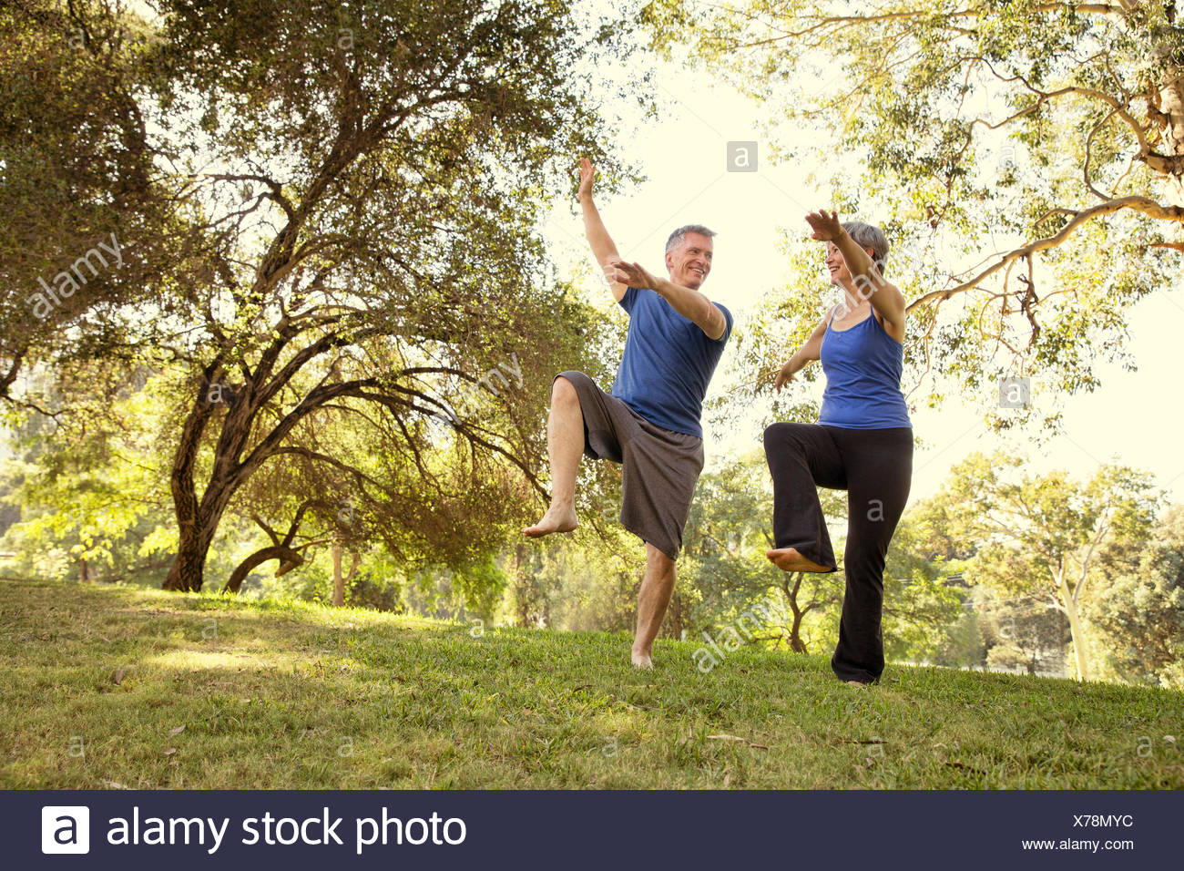 Mature couple practicing yoga positions in park - Stock Image Positions Stock Photos & Positions Stock Images - Alamy