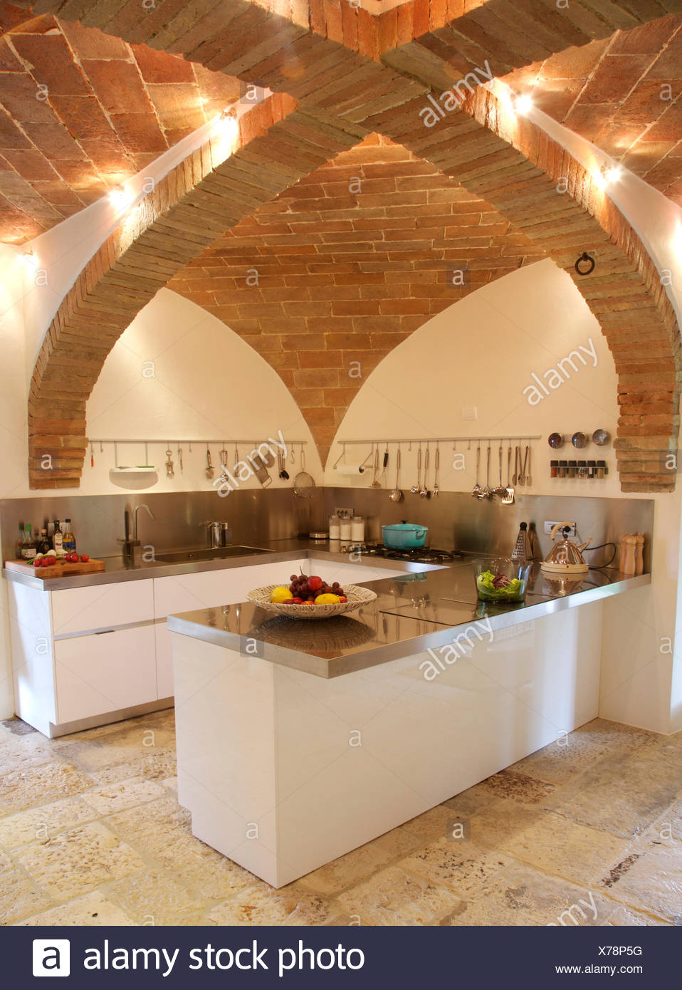 Vaulted Brick Ceiling In Contemporary Italian Kitchen With Granite