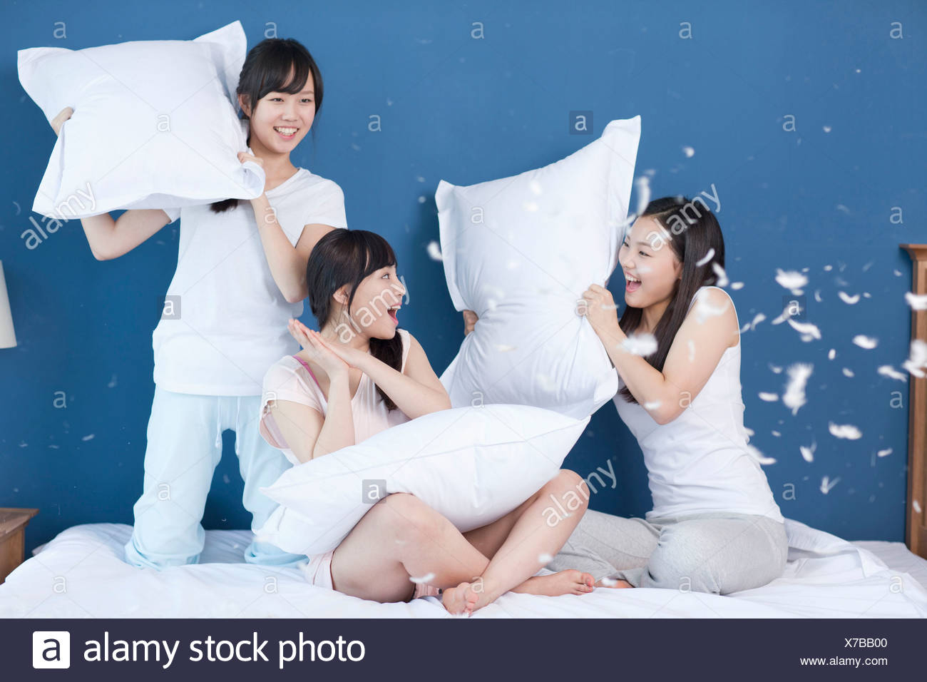 Ladies Having A Pillow Fight Stock Photo Alamy