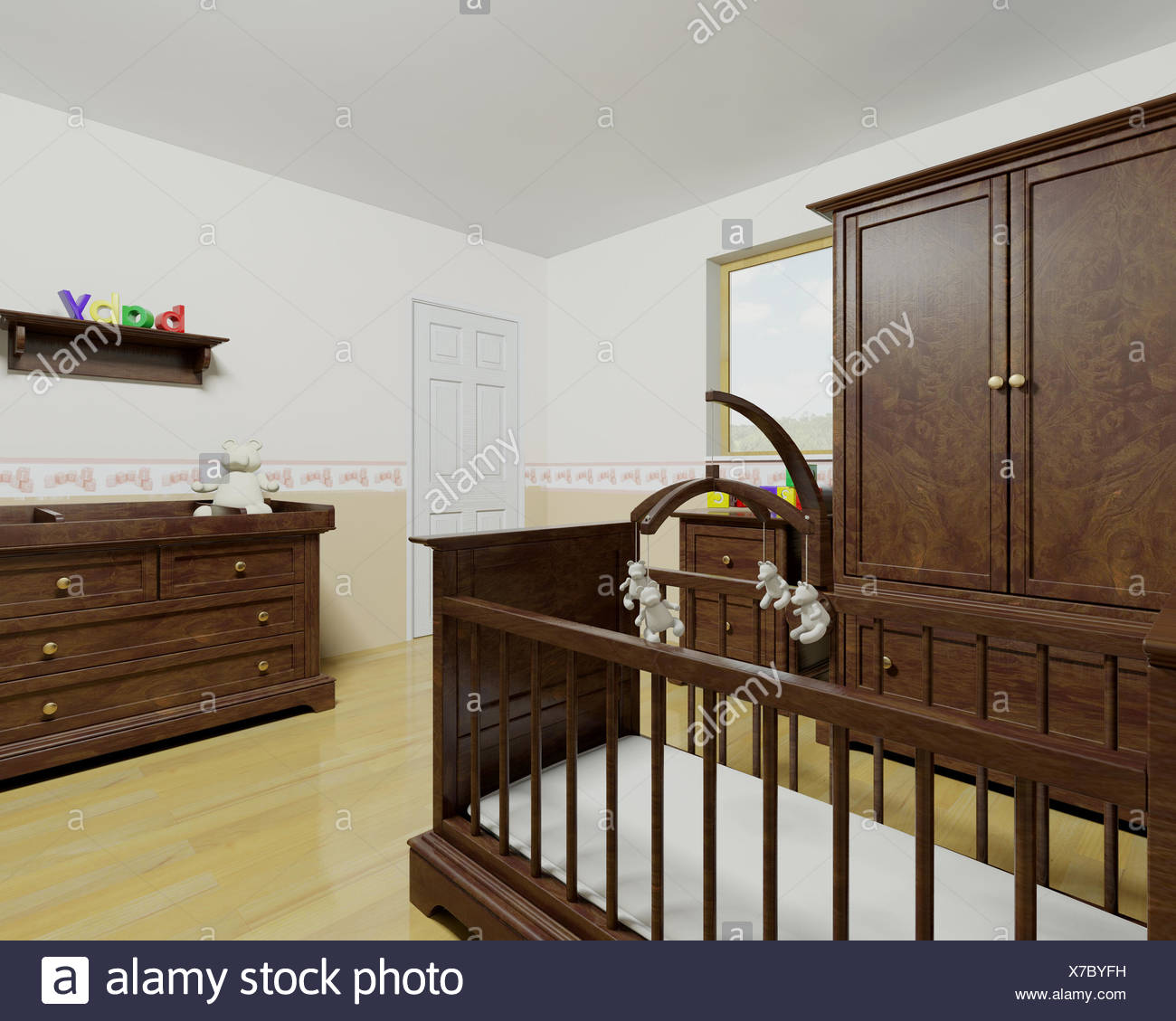 Furniture Room Bed Toy Teddy Wooden Nursery Render Baby Mobile Cot