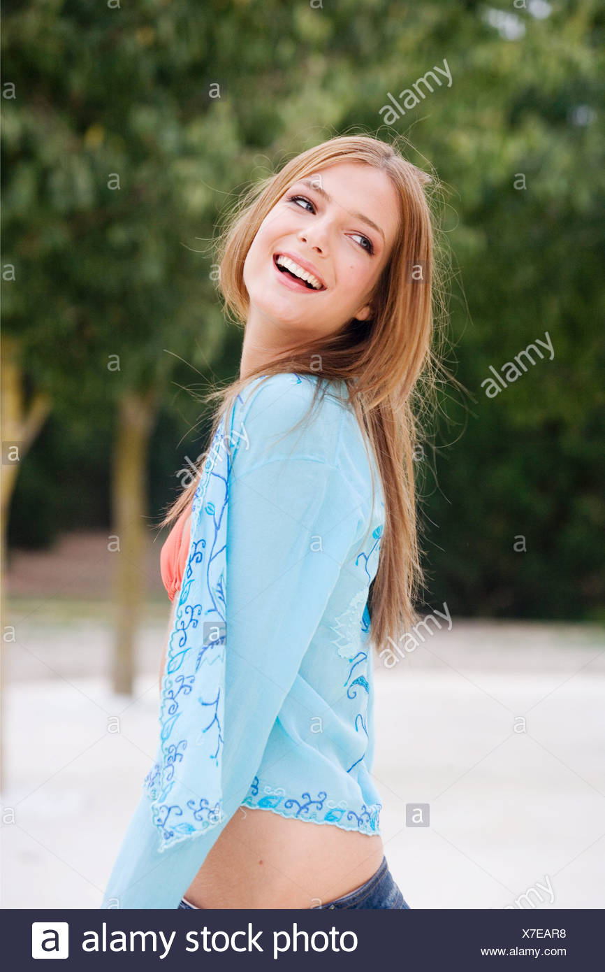 Female Long Straight Dark Blonde Hair Wearing Jeans Orange Bikini