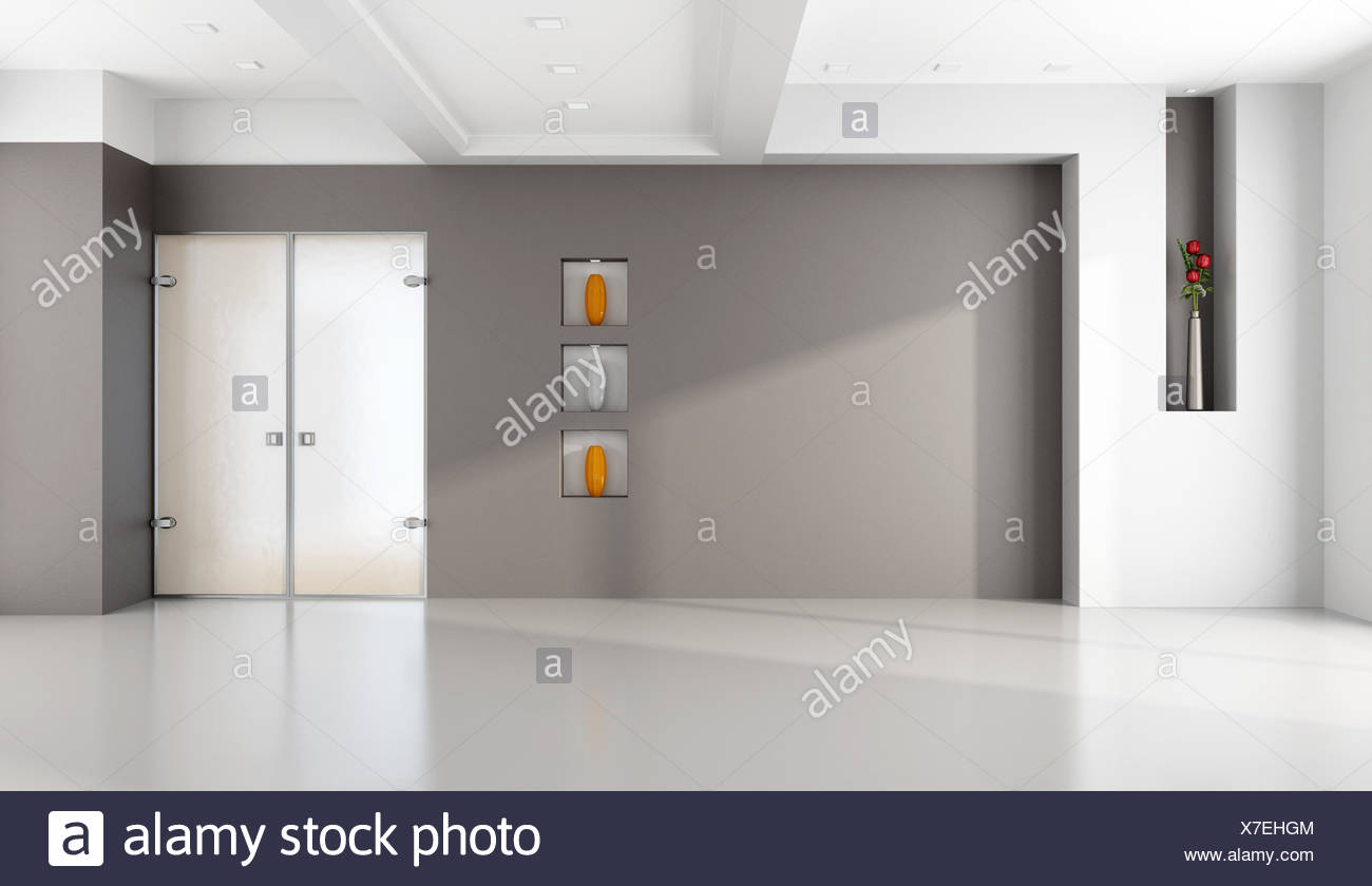 Empty Living Room With Niche And Glass Door Rendering Stock