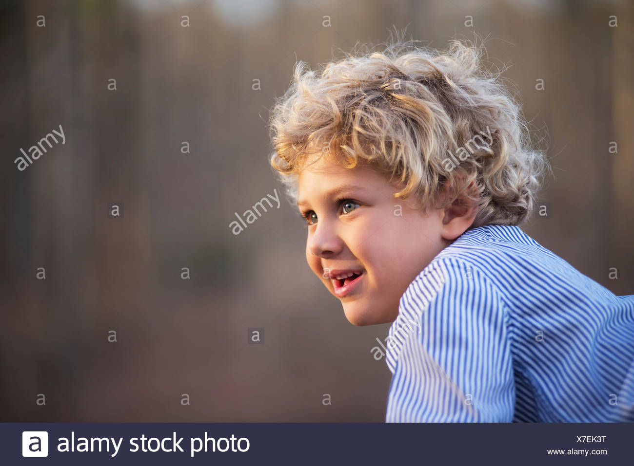 Portrait Of A Young Boy With Blond Curly Hair And Blue Eyes