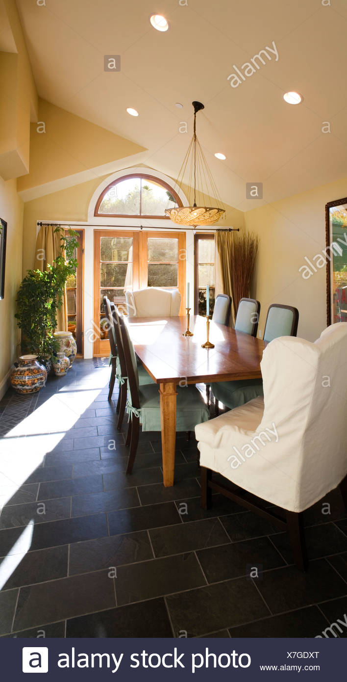 Large Dining Room With Vaulted Ceilings Stock Photo