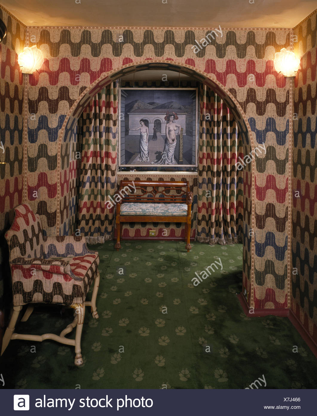 Vivid Fabric Covered Walls And Matching Drapes In Hall At Monkton