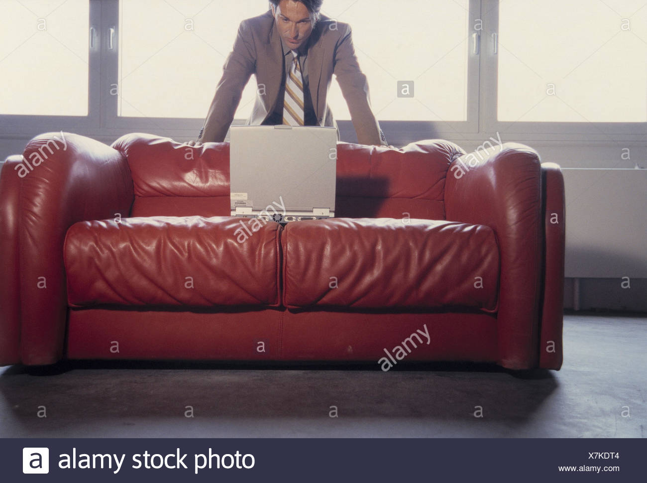 Leather Ball Sofa Manager Stand Look Seriously Laptop Add