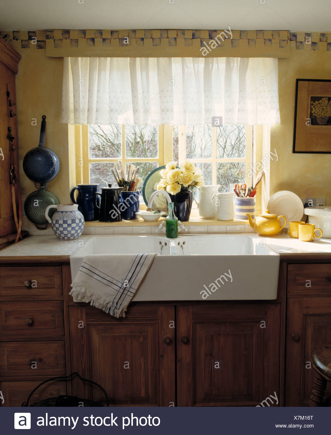 Handpainted Checked Border On Wall Above Voile Curtain On Window