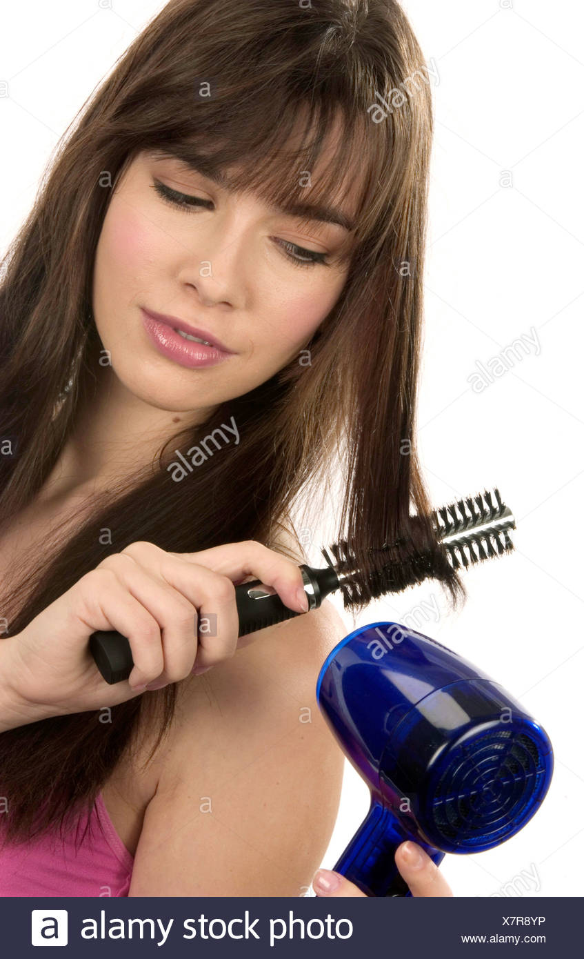 Female Long Straight Brunette Hair Fringe Blowing Drying Hair