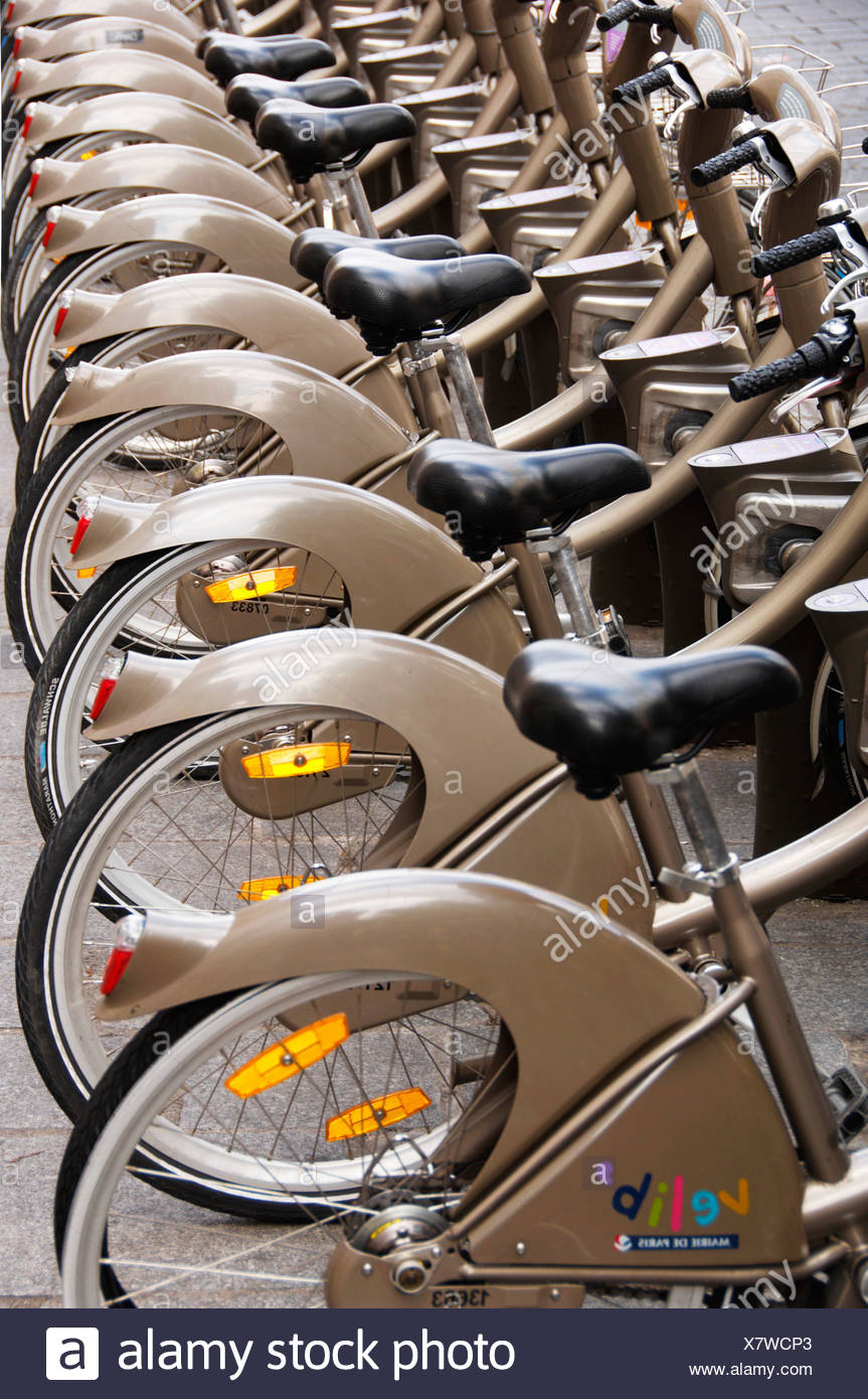 Lined-up bicycles, bicycle hire for residents and tourists, Paris, France, Europe Stock Photo