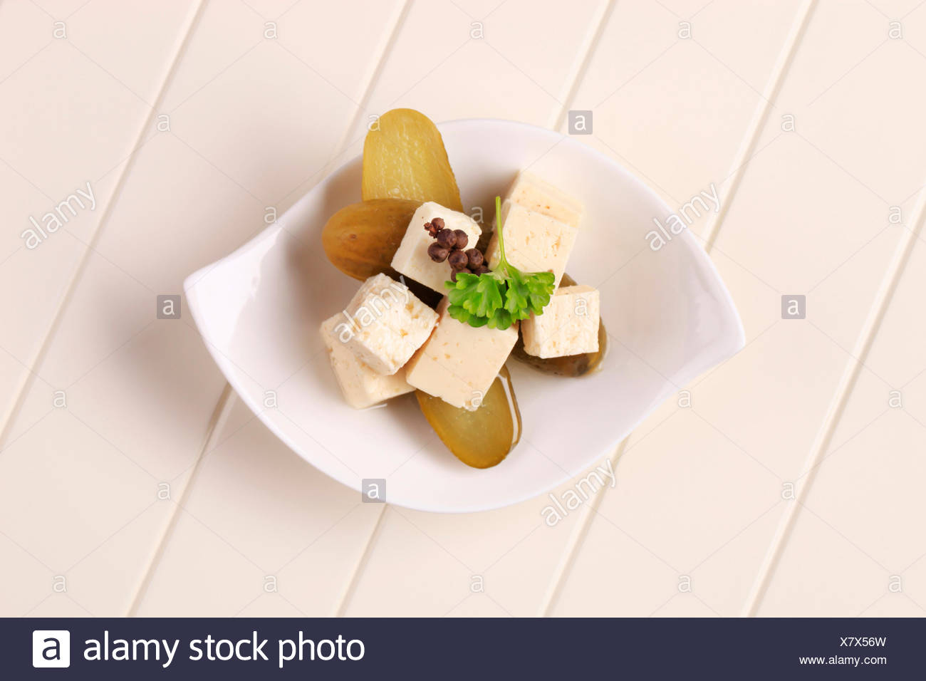 Cubes Of Marinated Feta Cheese And Pickles Stock Photo 280243345