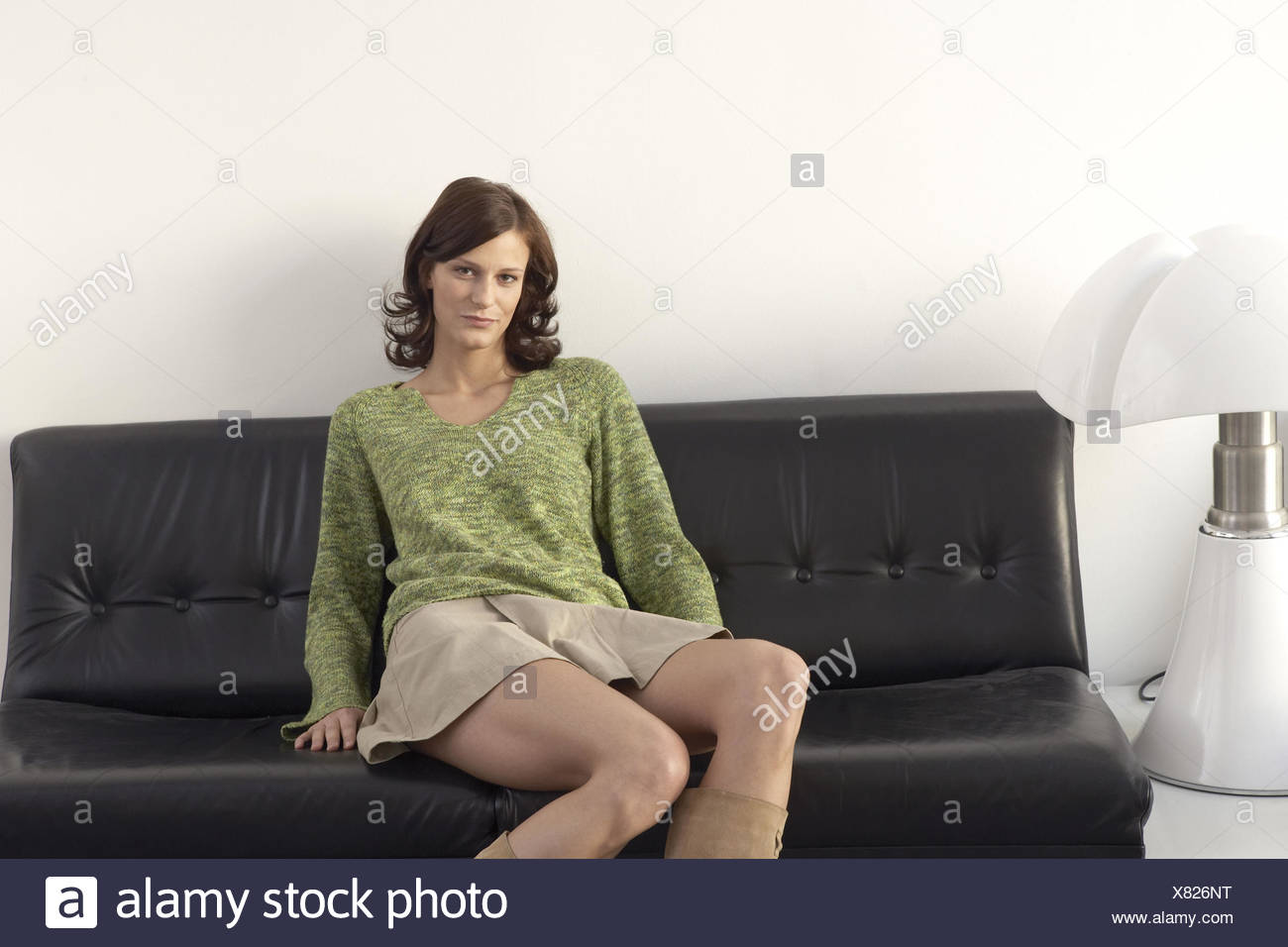 Sits Woman Young Miniskirt Leather Sofa 20 30 Years Brunette