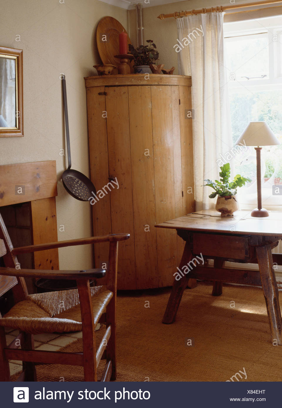 Curved Antique Pine Corner Cupboard In Shaker Style Dining Room