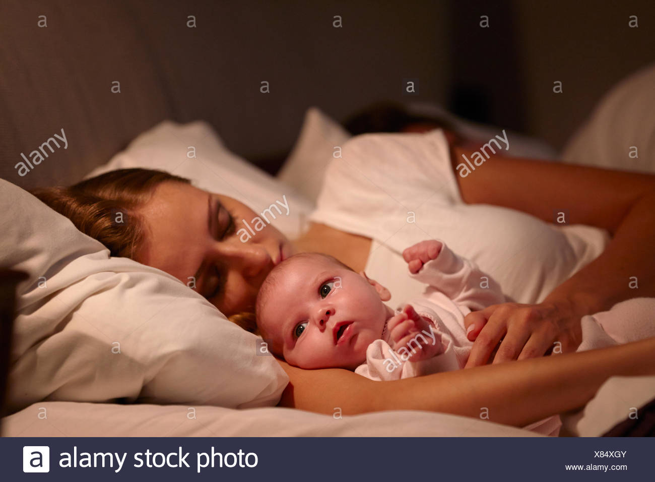newborn baby sleeping in bed with parents