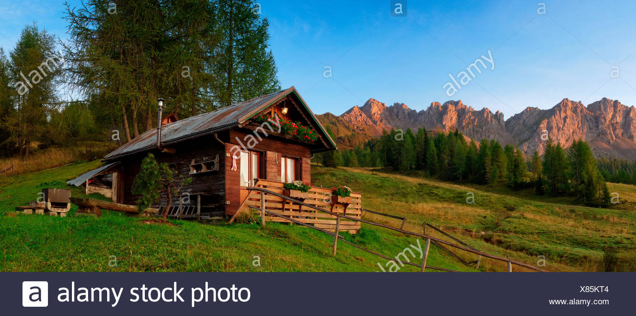 Cabin At Sunrise Vigo Cadore Dolomites Alps Veneto Italy Stock