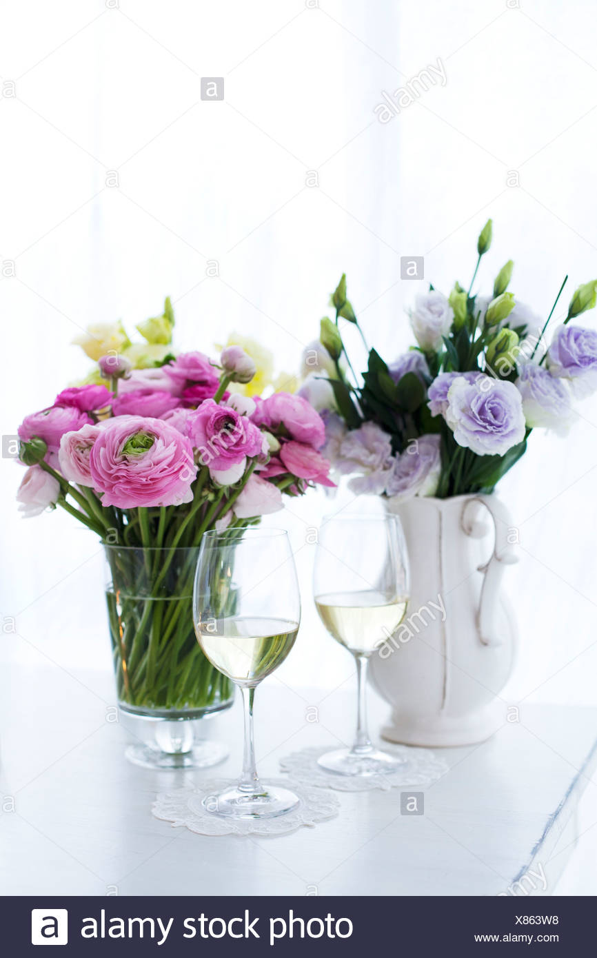 Close Up Of Wine Glasses With Flower Vase Stock Photo 280417908