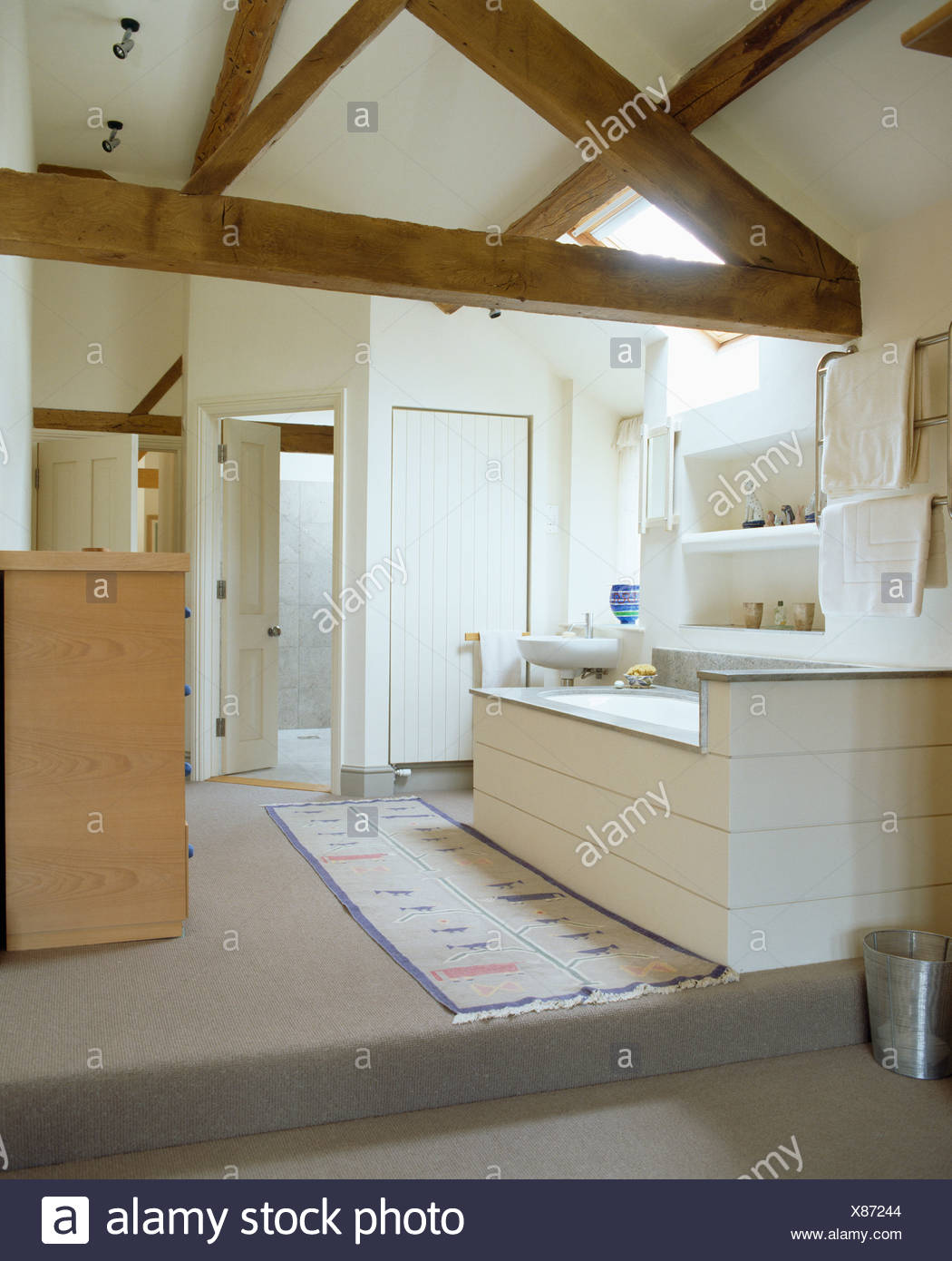 Beamed Apex Ceiling In Modern White Country Bathroom With