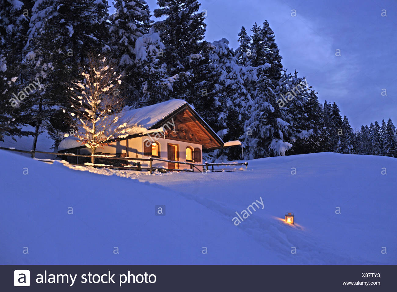 Winter Landscape Forest Edge Cottage Snow Lantern Evening Landscape Trees Winters Wood Cottage Mountains Idyllically Secluded Stock Photo Alamy