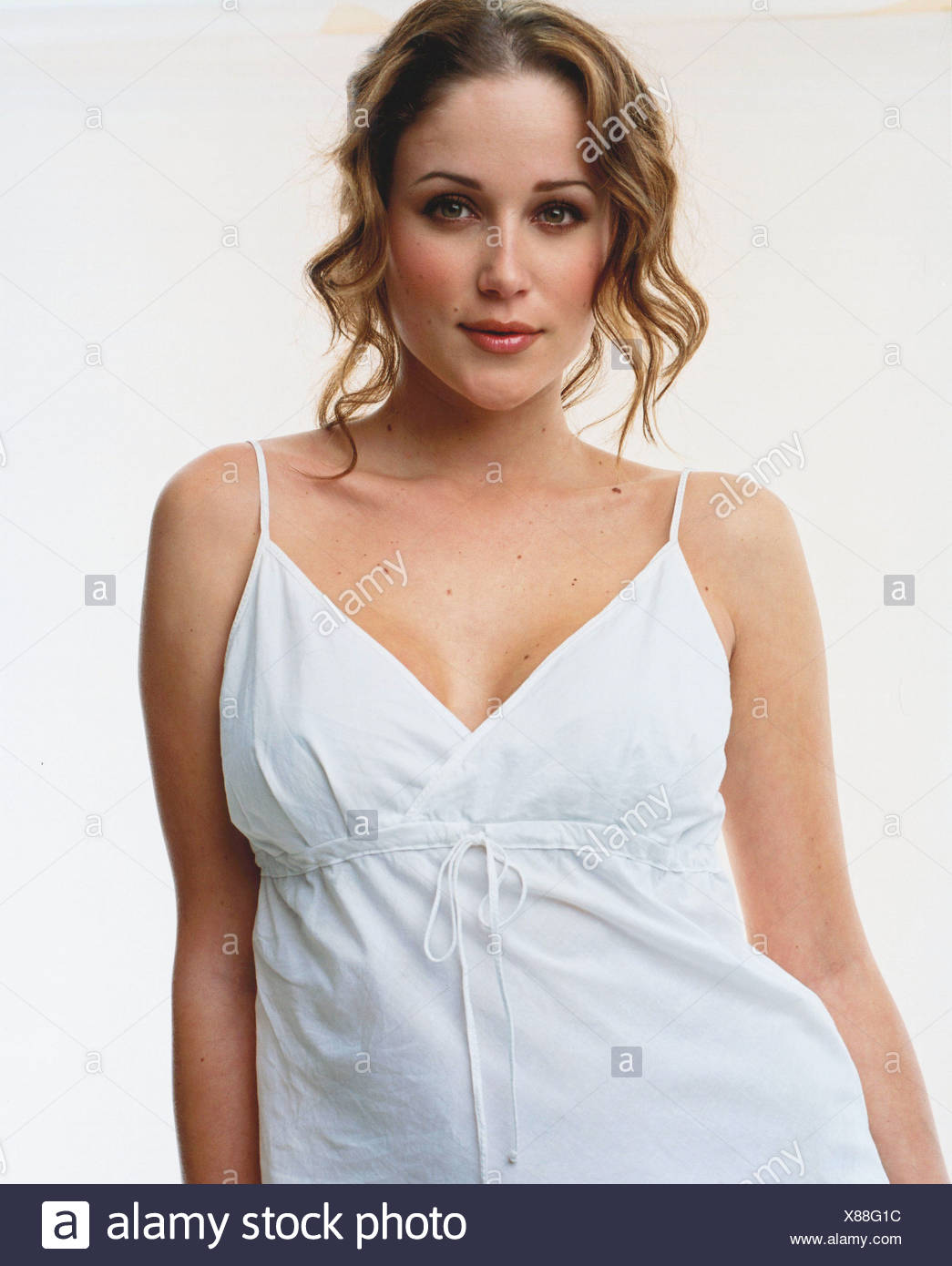 Forexotic Beauty Female Curly Blonde Hair Off Face Wearing Pale