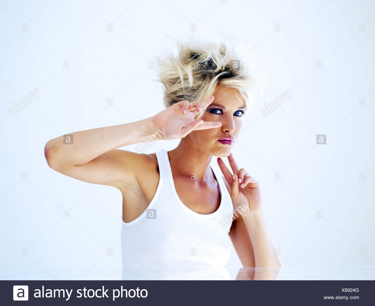 Woman Young Blond Seriously Gesture Half Portrait Short