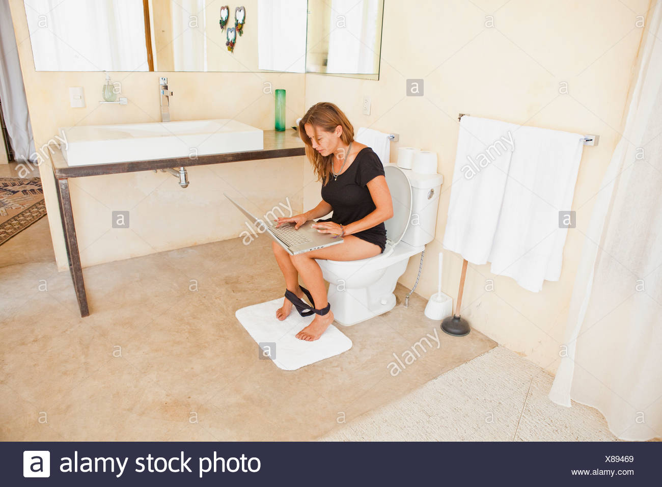 Woman On Laptop In Bathroom Stock Photo 280484017 Alamy