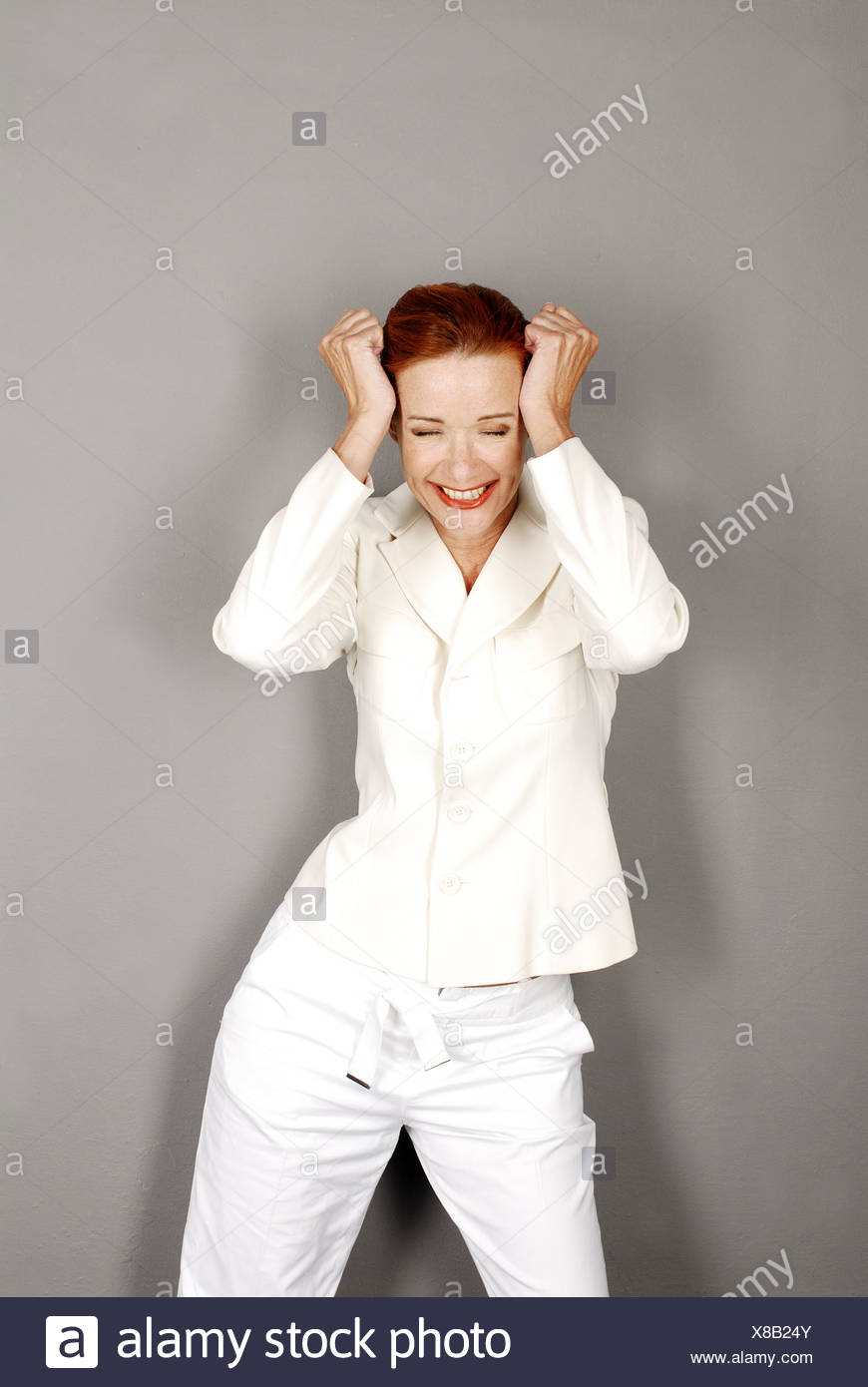 Woman Pant Suit Joy Laughs Series People Red Hairy Cheerfully Stands Pleases Happily Surprise Jubilation Contentment Joy Woman Pant Suit Joy Laughs Series People Red Hairy Cheerfully Stands Pleases Happily Surprise Jubilation Contentment Joy