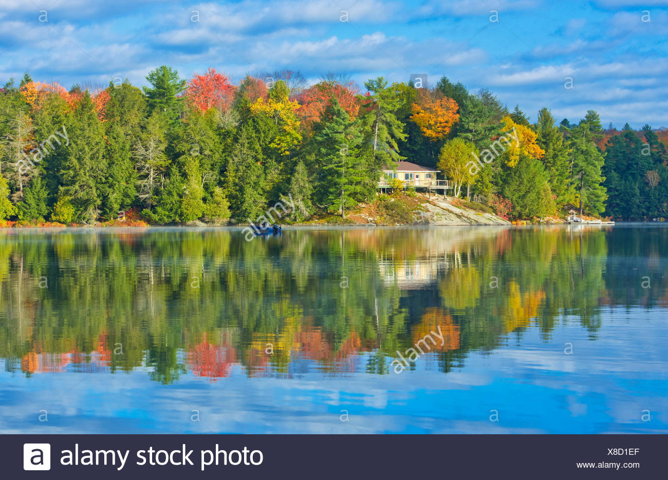 Horseshoe Lake In Autumn With Cottage Near Parry Sound Ontario