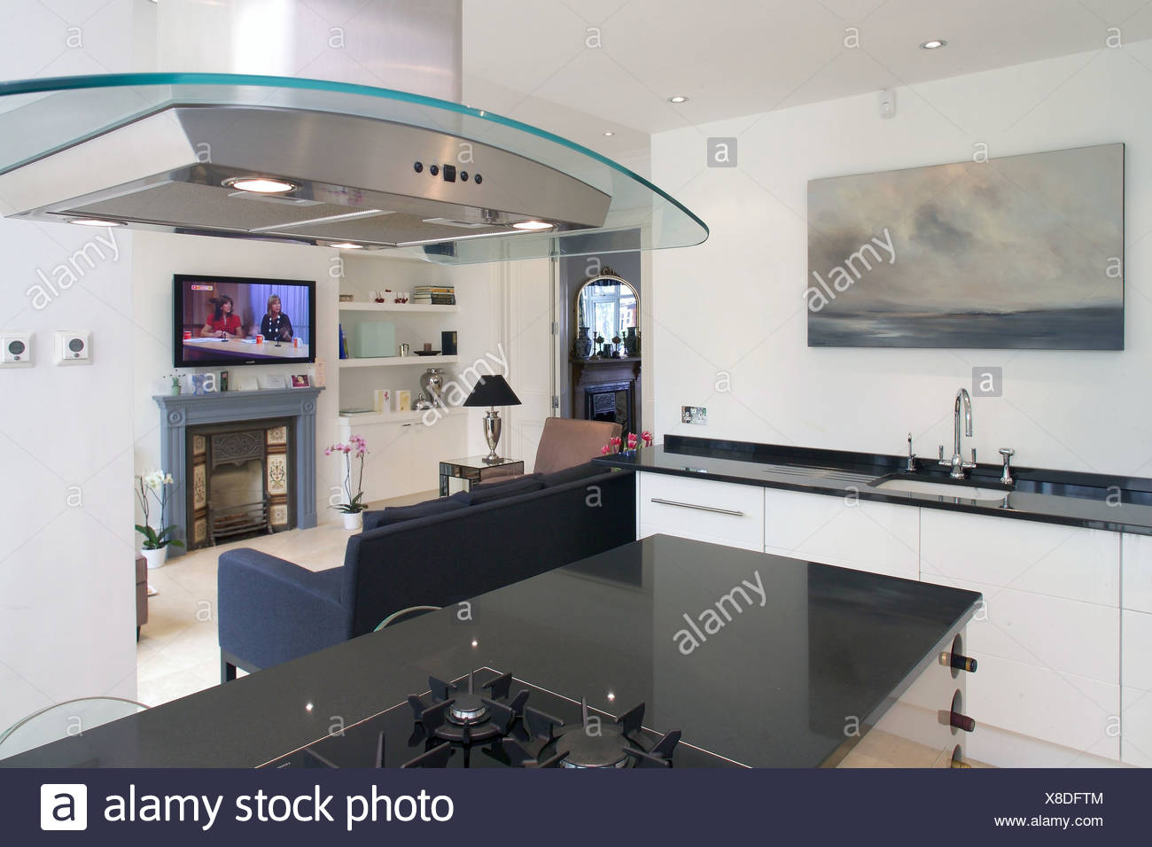 Glass Chrome Extractor Fan In Modern Openplan Kitchen And Living