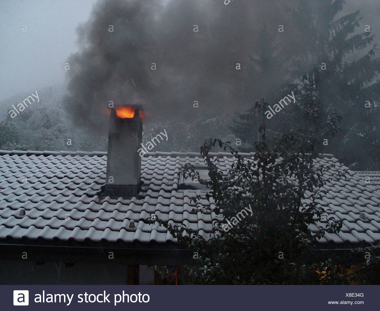 Chimney Chimney Fire Fire Fireplace Home House Roof Smoke Snowfall