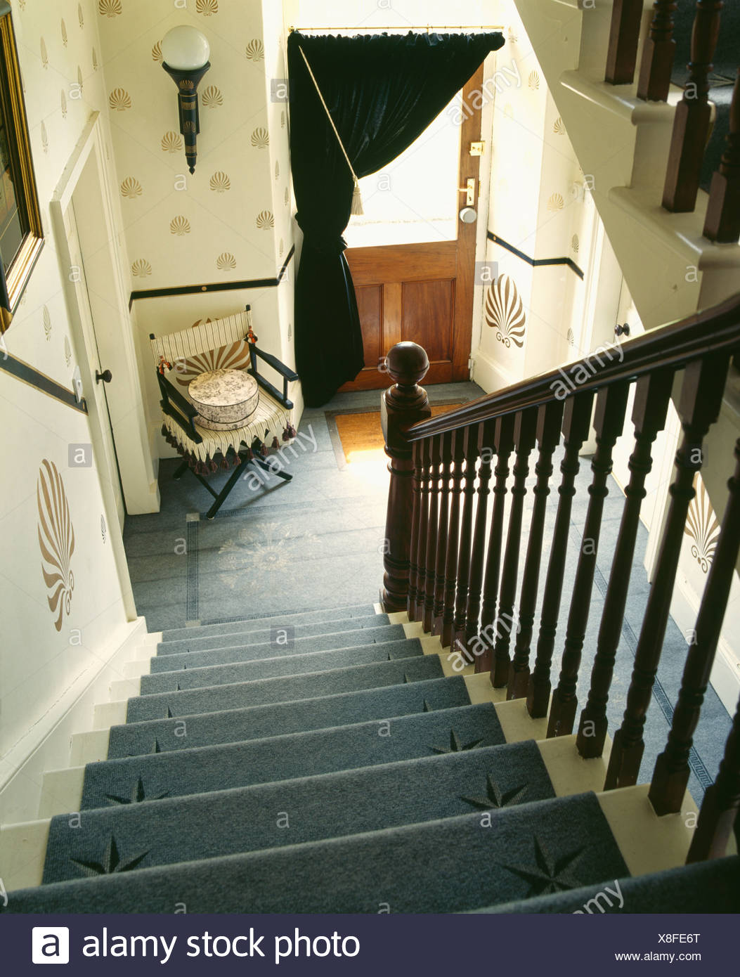 Stenciled Gray Carpet On Staircase In Hall With Stenciled Walls