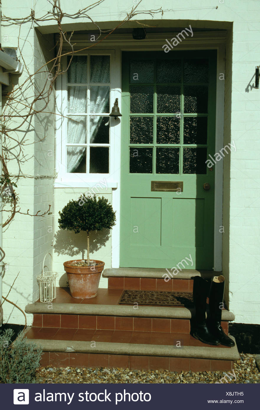 Close Up Of Leather Riding Boots And Small Tree In Pot On Steps Of