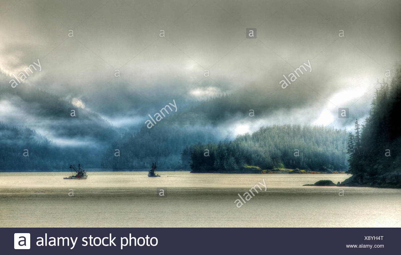 Alaska,USA,Prince William Sound,ferry,ferryboat,fishing ships,sea,fog,mountains,Valdez,Alaska Peninsula,gulf of Alask Stock Photo