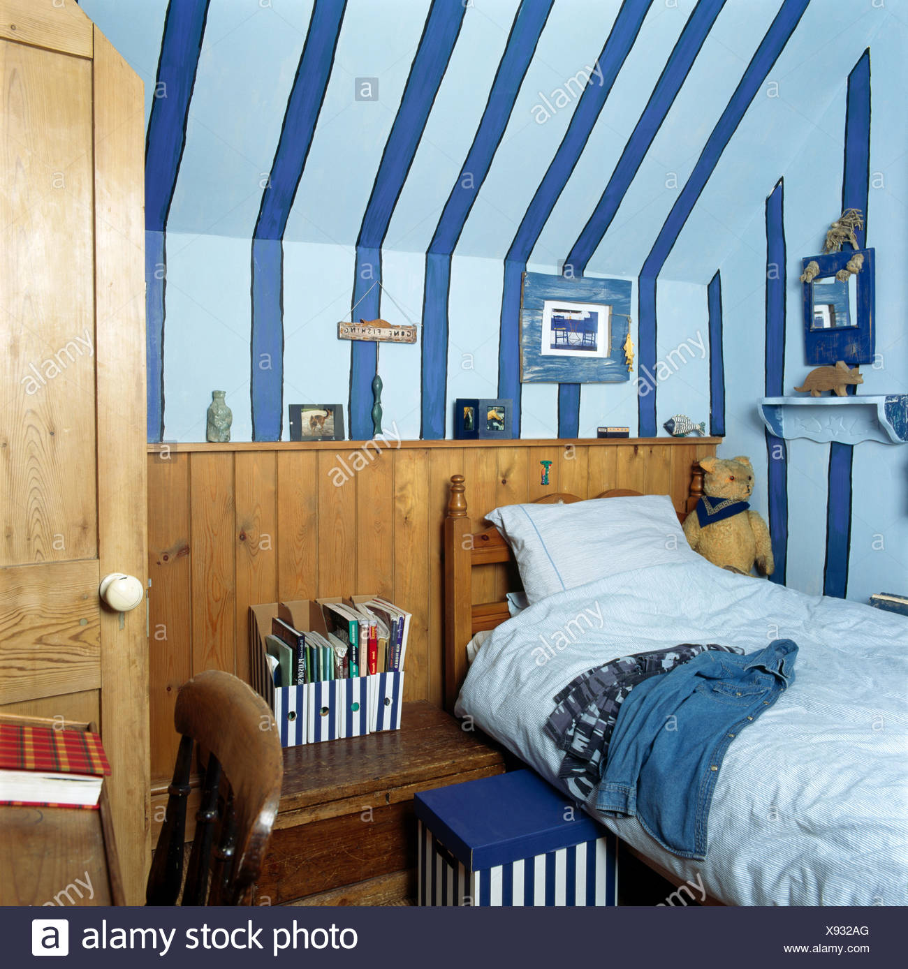 Wide Blue Stripes Painted On Wall Of Child S Cottage Bedroom