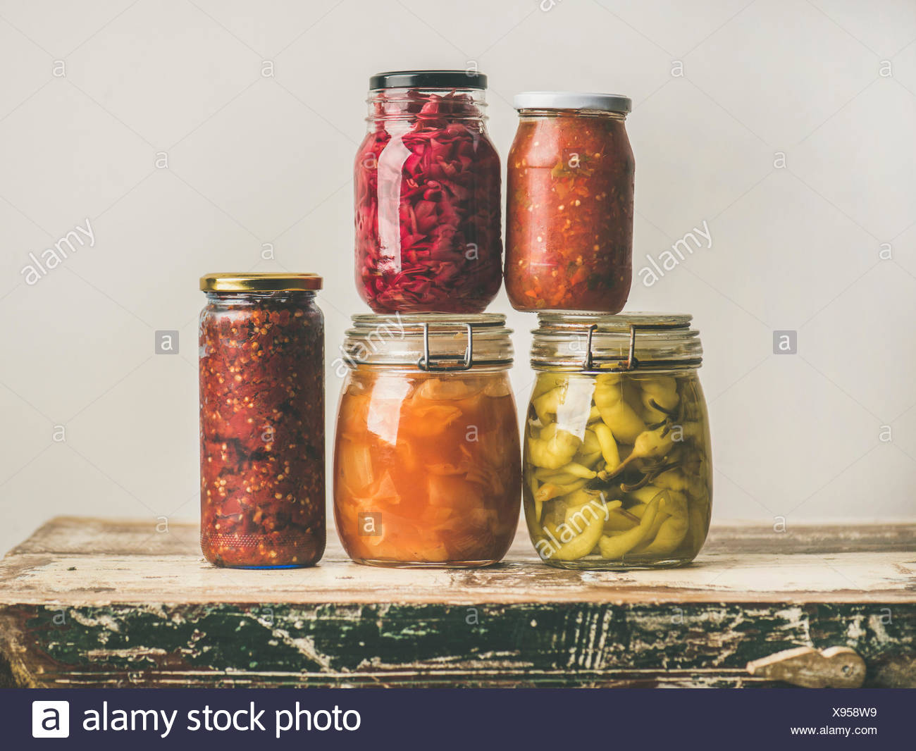 Autumn Seasonal Pickled Or Fermented Colorful Vegetables In Glass