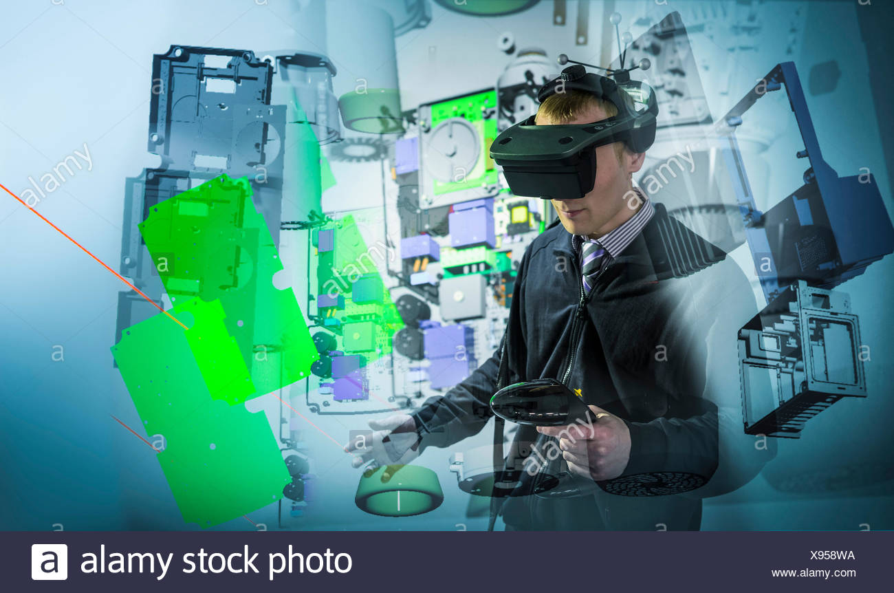 Composite image of engineer wearing VR headset in virtual reality suite Stock Photo