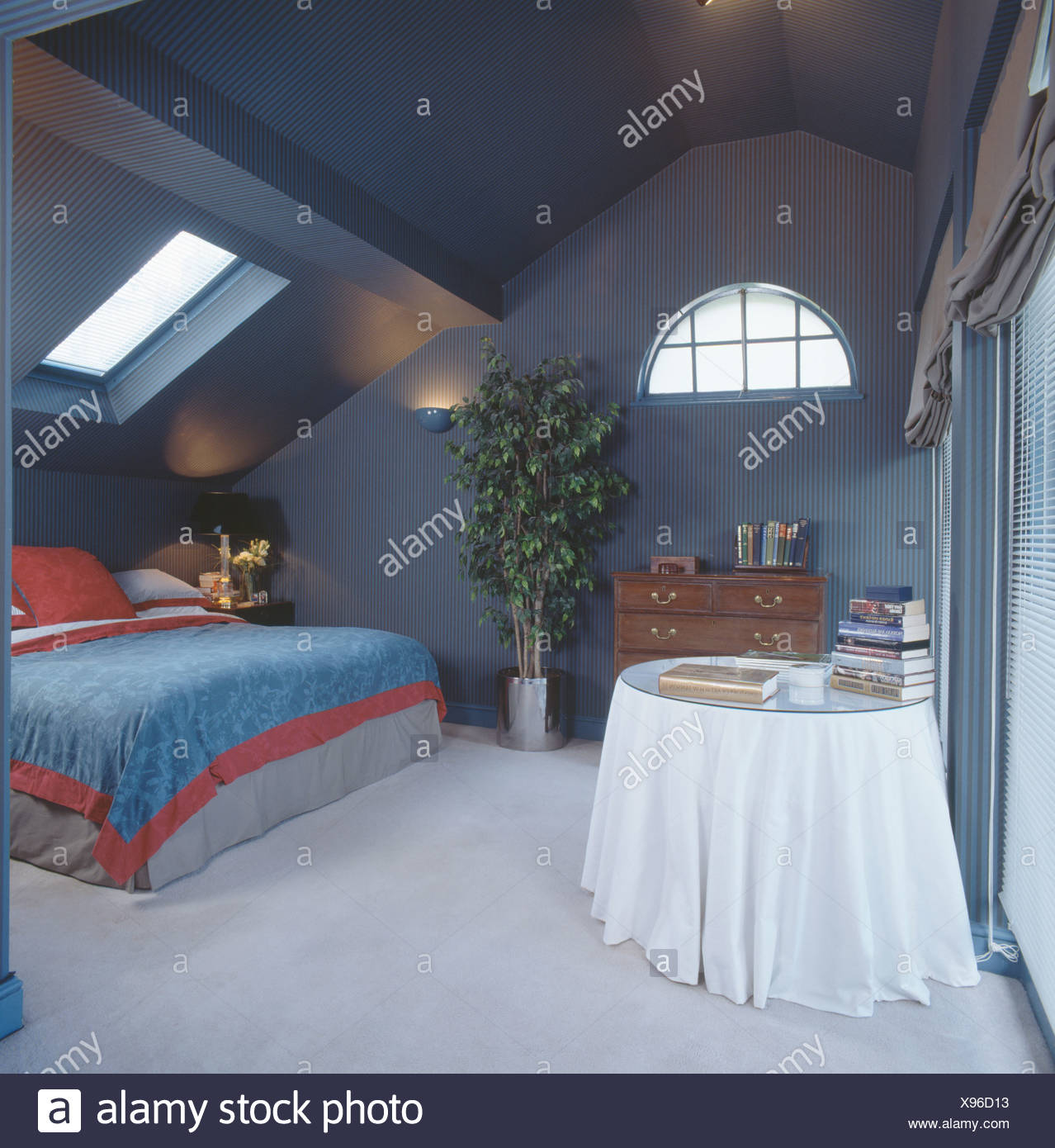 Grey Carpet In Blue Eighties Attic Bedroom With White Cloth