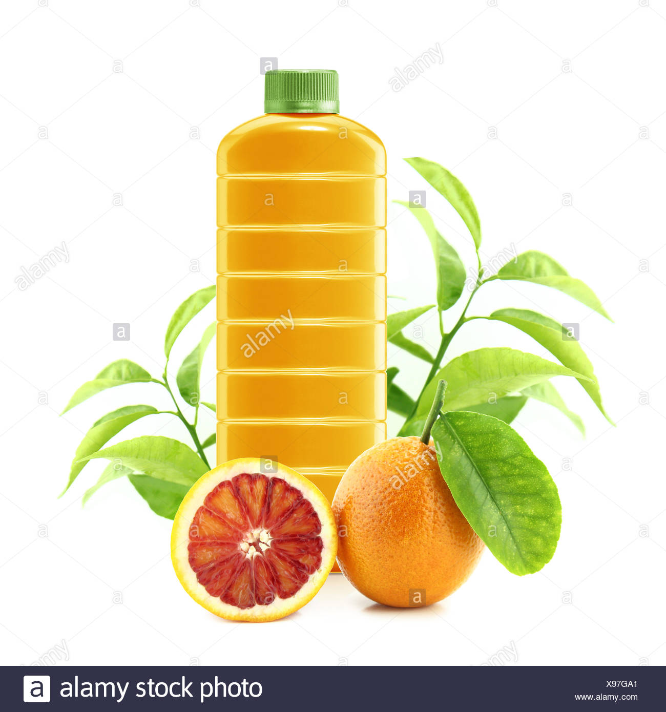 Download Red Orange Juice In A Plastic Container Jug With Fresh Orange And Leaves On A White Background Stock Photo Alamy Yellowimages Mockups