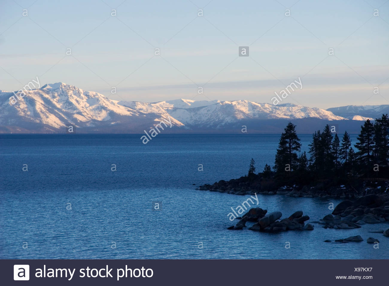 Sunrise on Mt Tallac and Lake Tahoe in winter Stock Photo