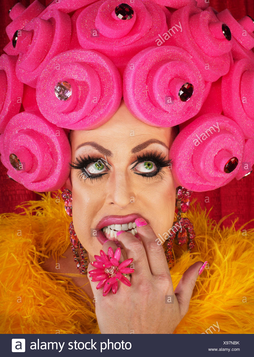 Nervous Drag Queen In Pink Wig Biting Nails Nervous Drag Queen In Pink Wig Biting Nails